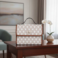Waterproof Canvas Handbag with Brown Leather Trim | Vintage Pattern Shoulder Bag | Laptop iPad Bag