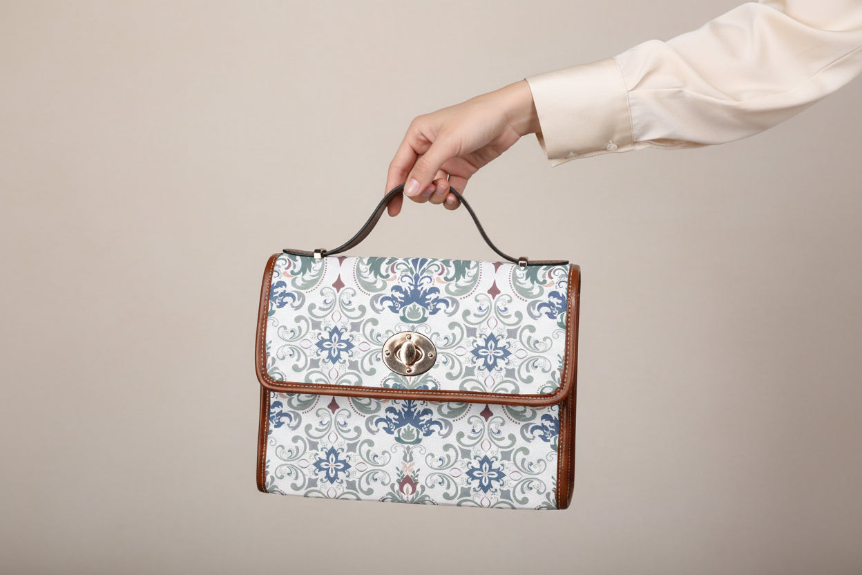 Waterproof Canvas Handbag with Brown Leather Trim | Vintage Pattern Shoulder Bag | Laptop iPad Bag