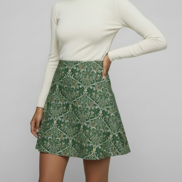 A-Line Regency Shamrock Flare Skirt – Emerald & Gold Trellis Print, Performance Knit or Glitter Knit | St. Patrick’s Day Outfit