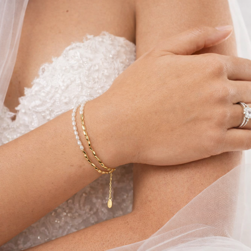 Freshwater Pearl Bracelet in 14K Gold Plated Sterling Silver | Bridal Pearl Bracelet
