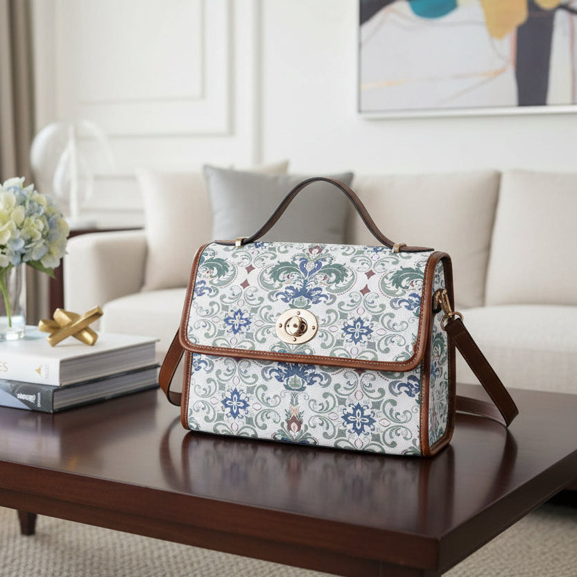 Waterproof Canvas Handbag with Brown Leather Trim | Vintage Pattern Shoulder Bag | Laptop iPad Bag