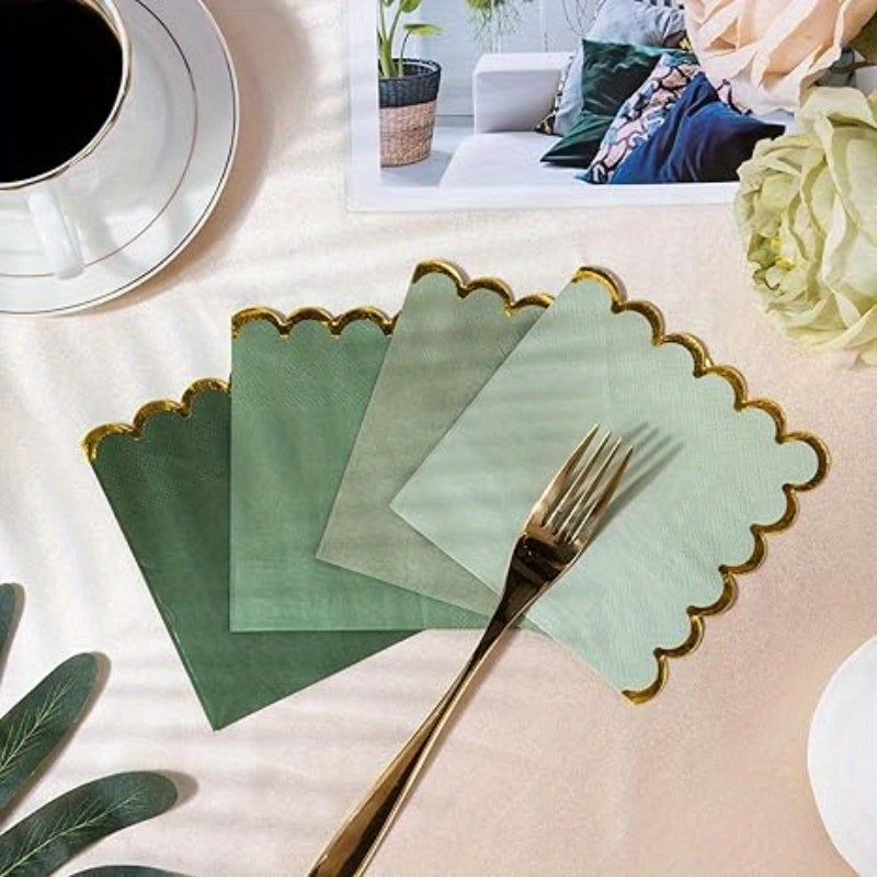 Luxe Scalloped Gold Napkins | 120 Green Wedding Cocktail Napkins | Garden Party Decor