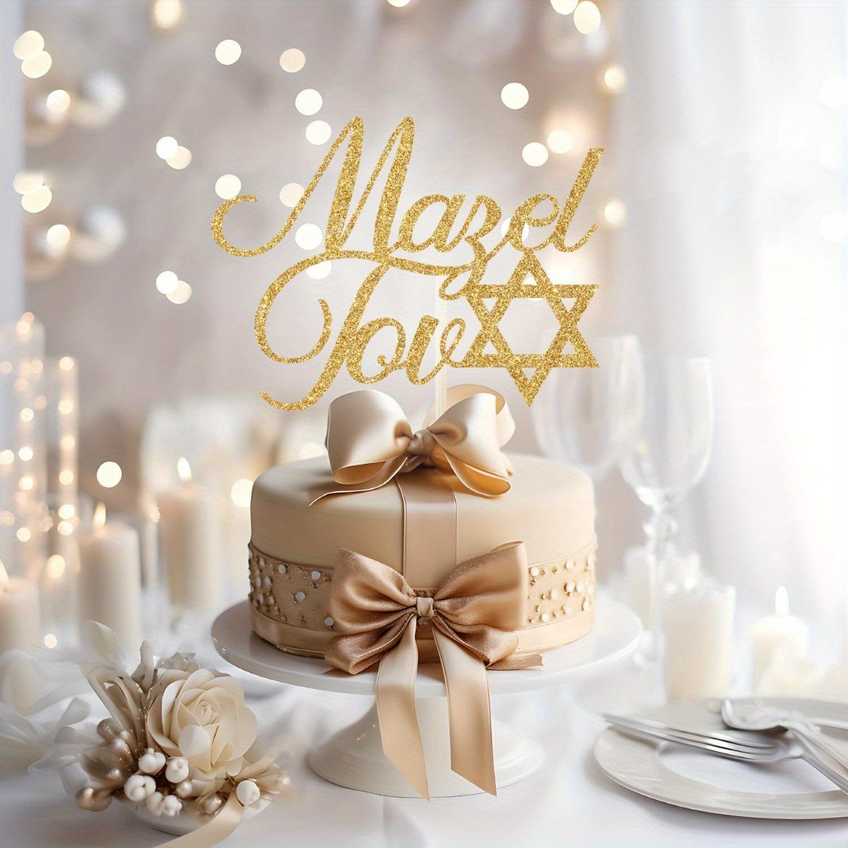 Mazel Tov Cake Topper | Gold Glitter Jewish Wedding Bar Mitzvah Party Decor
