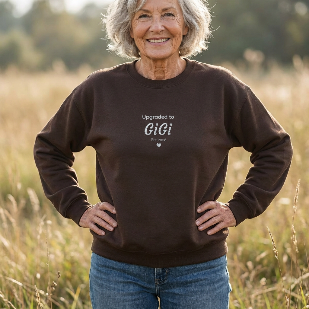 Embroidered 'Upgraded to [Name]' Sweatshirt — Customizable Crewneck (Gigi • Nana • Bubbe • Custom) | 10 Colors