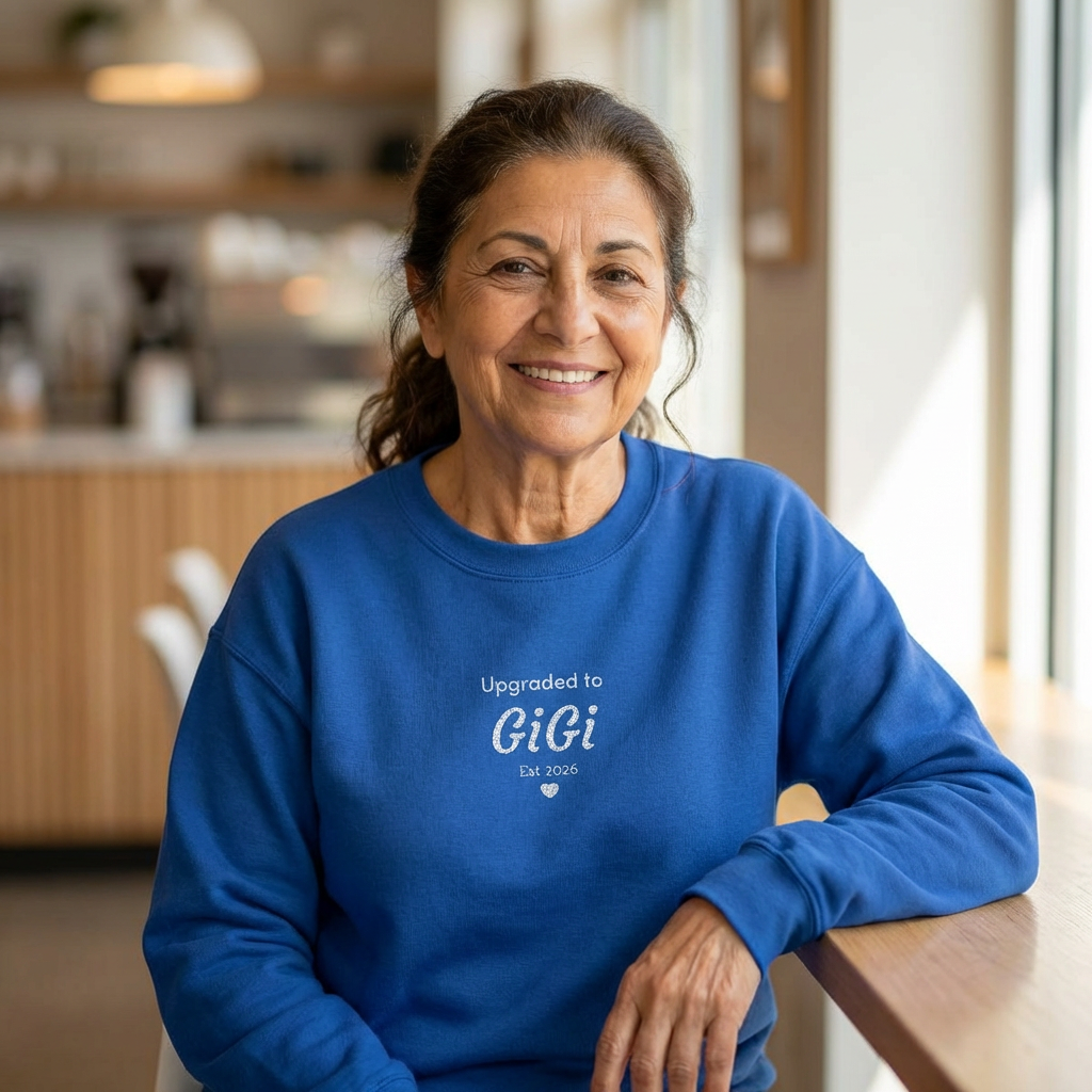 Embroidered 'Upgraded to [Name]' Sweatshirt — Customizable Crewneck (Gigi • Nana • Bubbe • Custom) | 10 Colors