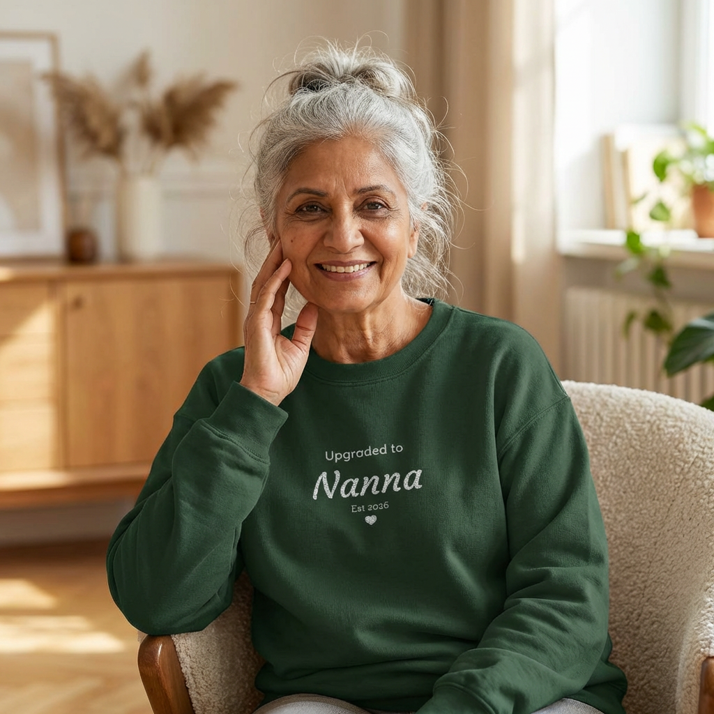 Embroidered 'Upgraded to [Name]' Sweatshirt — Customizable Crewneck (Gigi • Nana • Bubbe • Custom) | 10 Colors