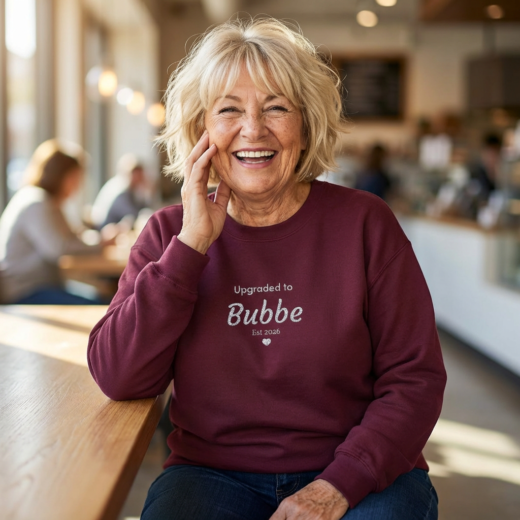 Embroidered 'Upgraded to [Name]' Sweatshirt — Customizable Crewneck (Gigi • Nana • Bubbe • Custom) | 10 Colors