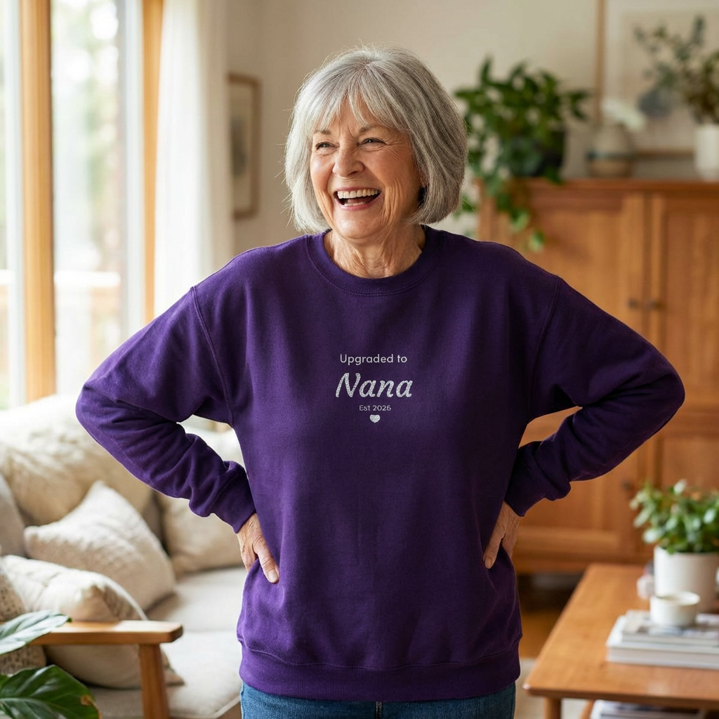 Embroidered 'Upgraded to [Name]' Sweatshirt — Customizable Crewneck (Gigi • Nana • Bubbe • Custom) | 10 Colors