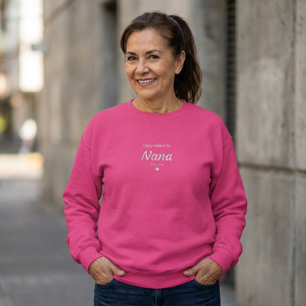 Embroidered 'Upgraded to [Name]' Sweatshirt — Customizable Crewneck (Gigi • Nana • Bubbe • Custom) | 10 Colors