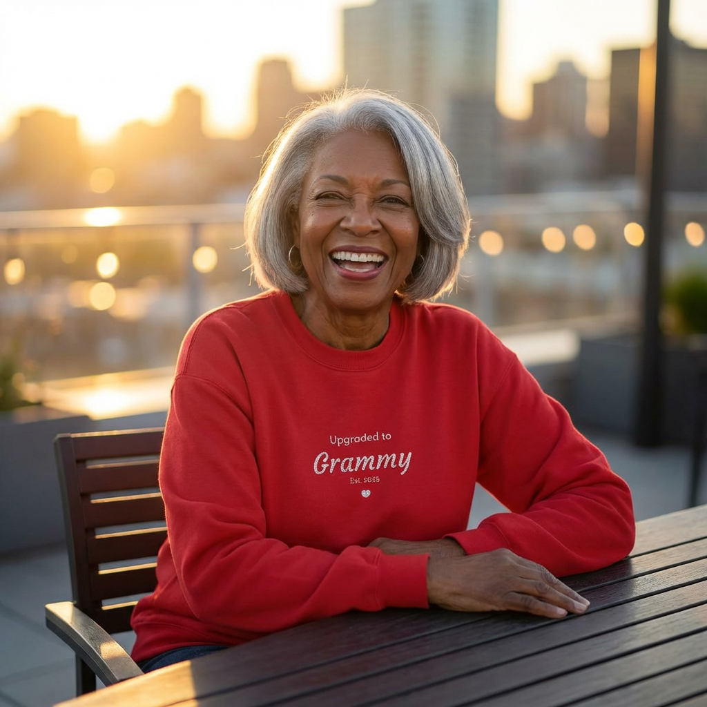 Embroidered 'Upgraded to [Name]' Sweatshirt — Customizable Crewneck (Gigi • Nana • Bubbe • Custom) | 10 Colors