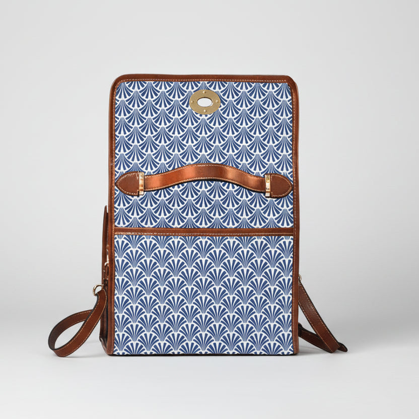 Waterproof Canvas Handbag with Brown Leather Trim | Vintage Pattern Shoulder Bag | Laptop iPad Bag
