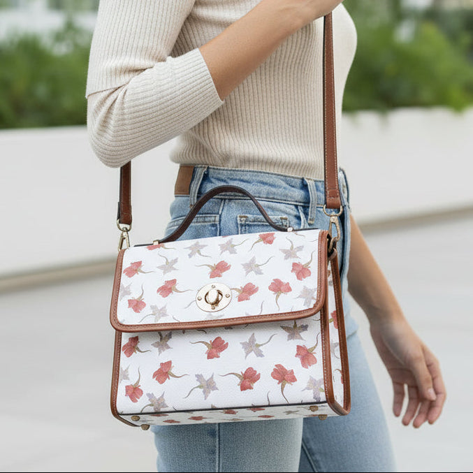 Waterproof Canvas Handbag with Brown Leather Trim | Vintage Pattern Shoulder Bag | Laptop iPad Bag