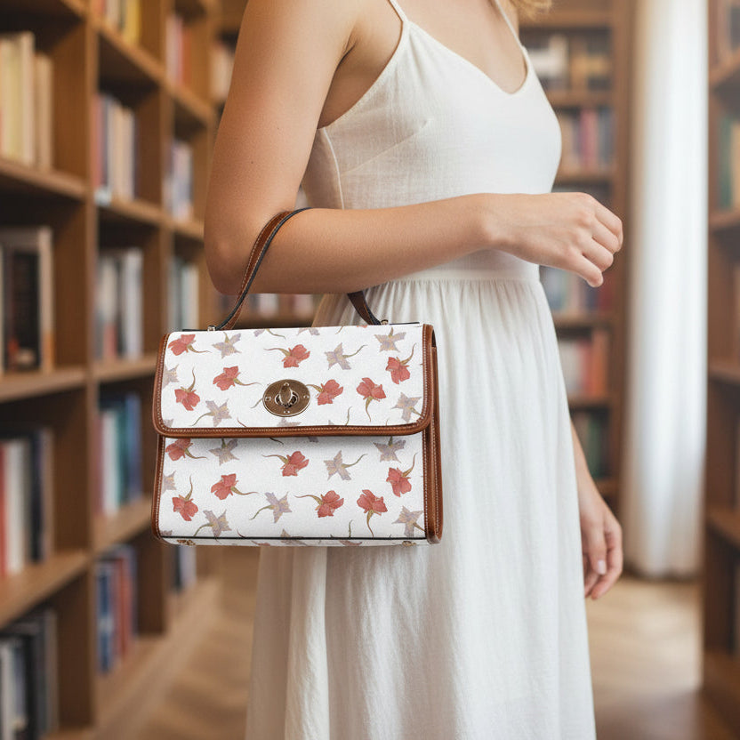 Waterproof Canvas Handbag with Brown Leather Trim | Vintage Pattern Shoulder Bag | Laptop iPad Bag