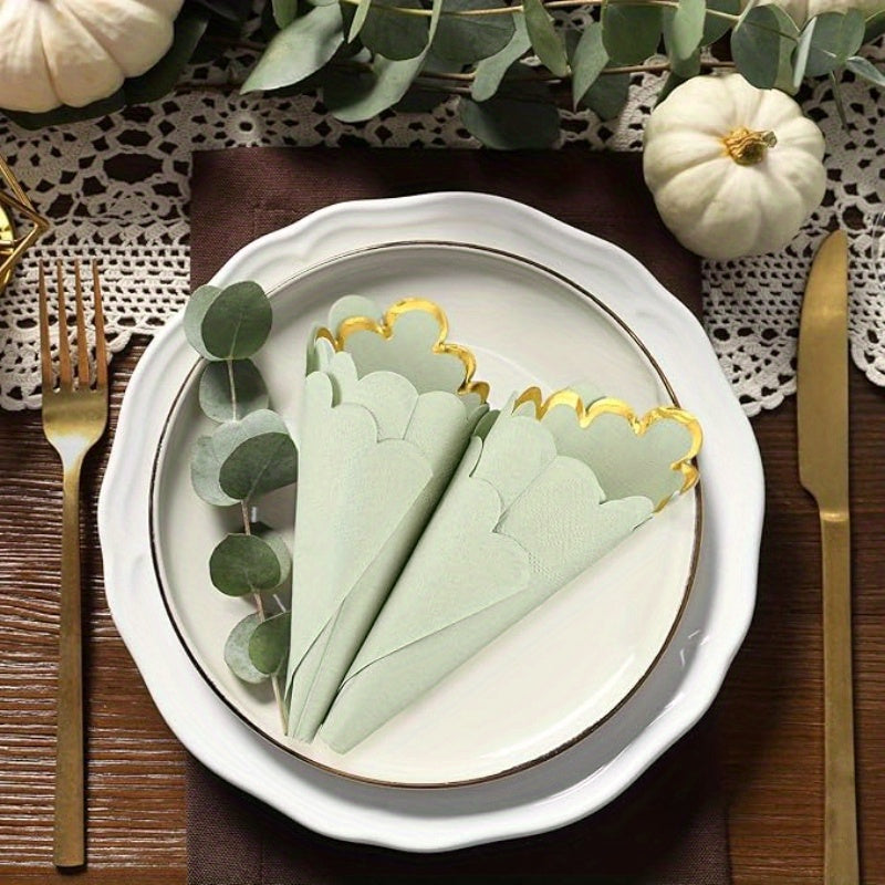 Luxe Scalloped Gold Napkins | 120 Green Wedding Cocktail Napkins | Garden Party Decor