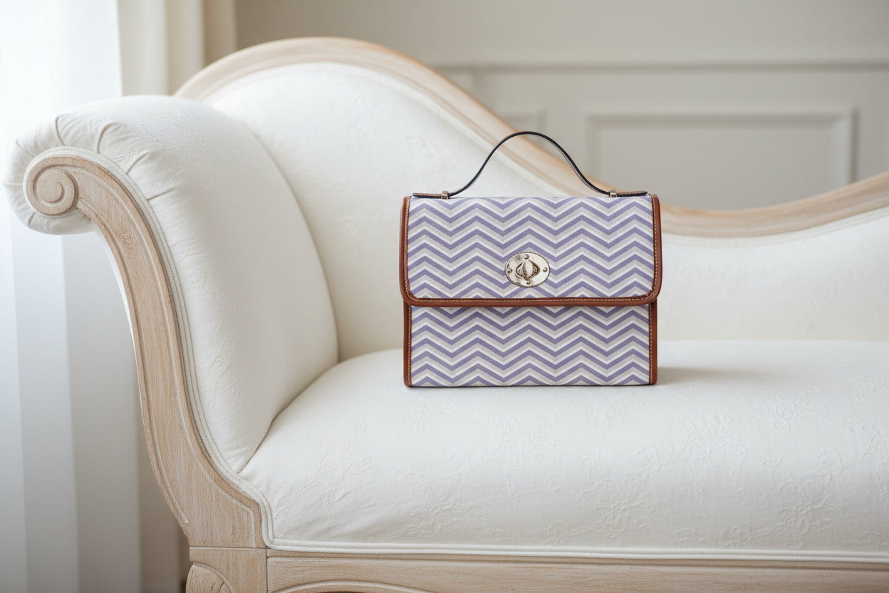 Waterproof Canvas Handbag with Brown Leather Trim | Vintage Pattern Shoulder Bag | Laptop iPad Bag