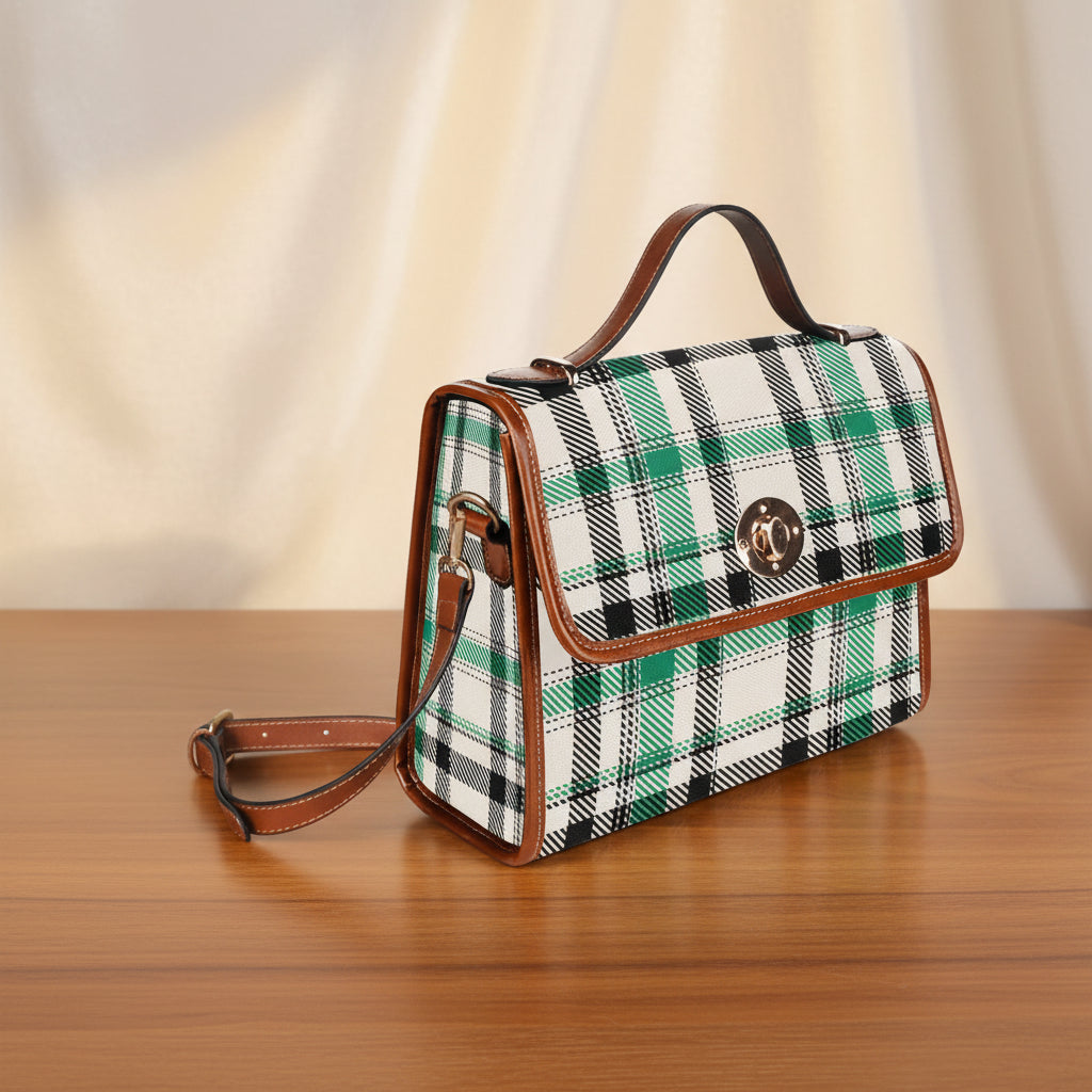 Waterproof Canvas Handbag with Brown Leather Trim | Vintage Pattern Shoulder Bag | Laptop iPad Bag