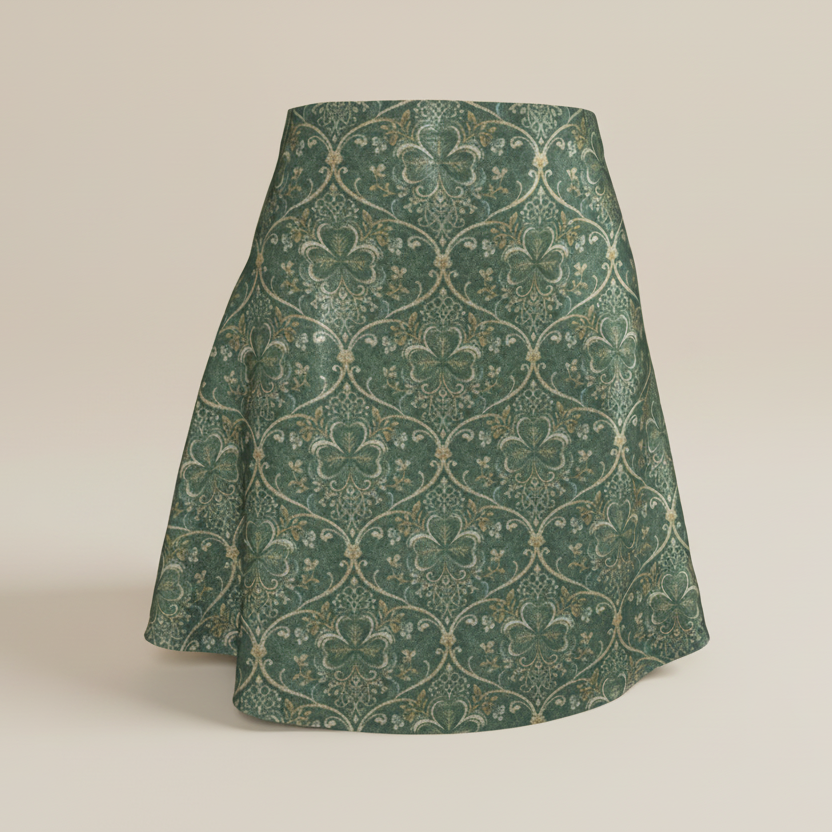 A-Line Regency Shamrock Flare Skirt – Emerald & Gold Trellis Print, Performance Knit or Glitter Knit | St. Patrick’s Day Outfit