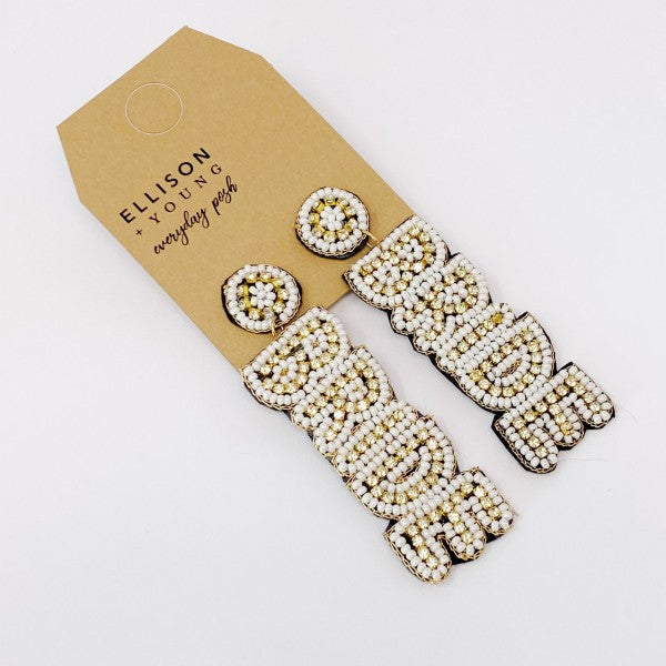 Bride Beaded Earrings | Gold & White Bridal Dangle Earrings | Bachelorette Earrings | Wedding Weekend Jewelry