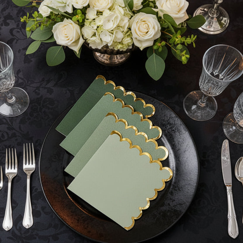 Luxe Scalloped Gold Napkins | 120 Green Wedding Cocktail Napkins | Garden Party Decor