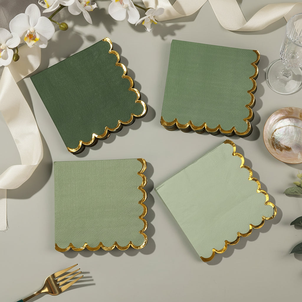 Luxe Scalloped Gold Napkins | 120 Green Wedding Cocktail Napkins | Garden Party Decor