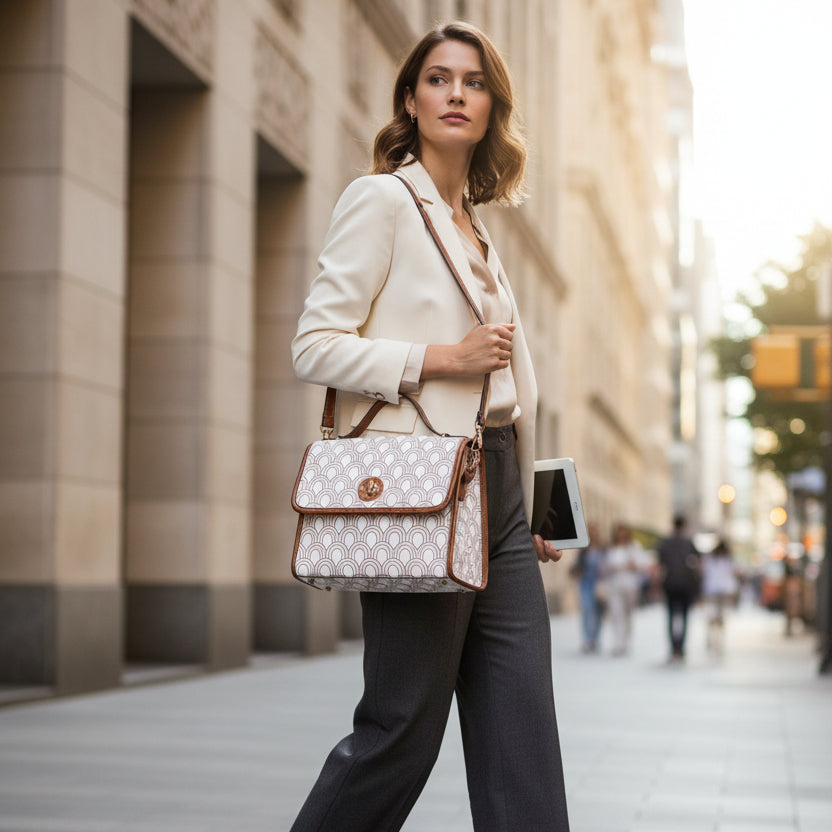 Waterproof Canvas Handbag with Brown Leather Trim | Vintage Pattern Shoulder Bag | Laptop iPad Bag