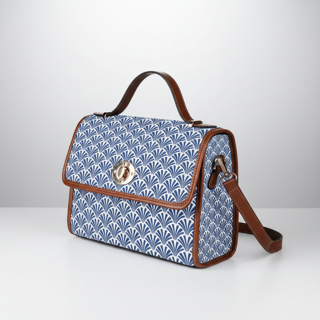 Waterproof Canvas Handbag with Brown Leather Trim | Vintage Pattern Shoulder Bag | Laptop iPad Bag