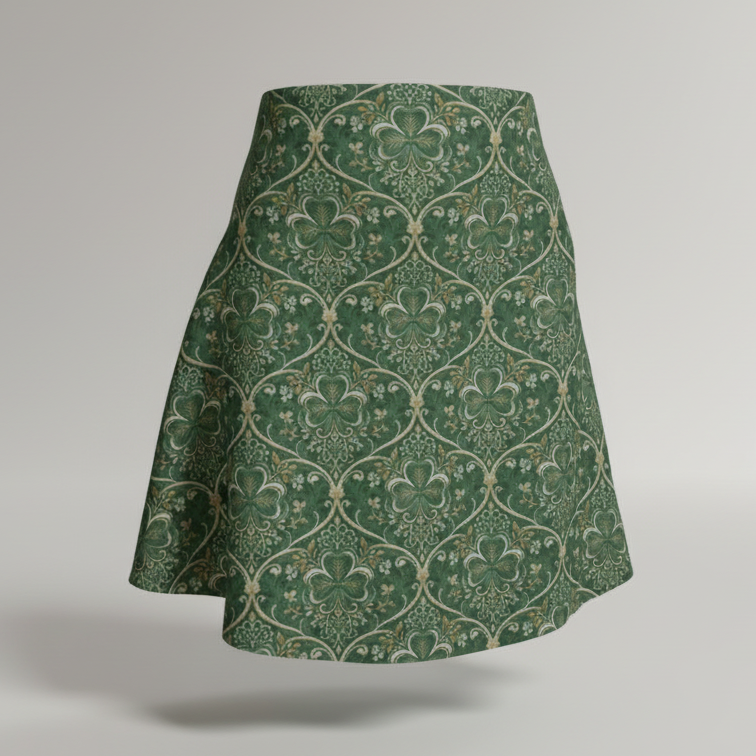 A-Line Regency Shamrock Flare Skirt – Emerald & Gold Trellis Print, Performance Knit or Glitter Knit | St. Patrick’s Day Outfit