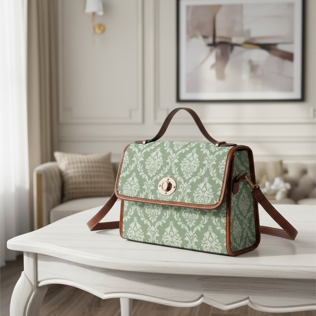 Waterproof Canvas Handbag with Brown Leather Trim | Vintage Pattern Shoulder Bag | Laptop iPad Bag