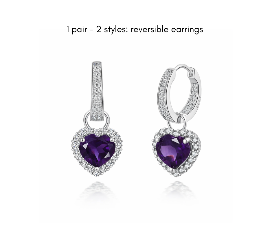 Reversible Amethyst Heart Earrings | Brazilian Amethyst & CZ Halo | 925 Sterling Silver Bridal Drop Earrings
