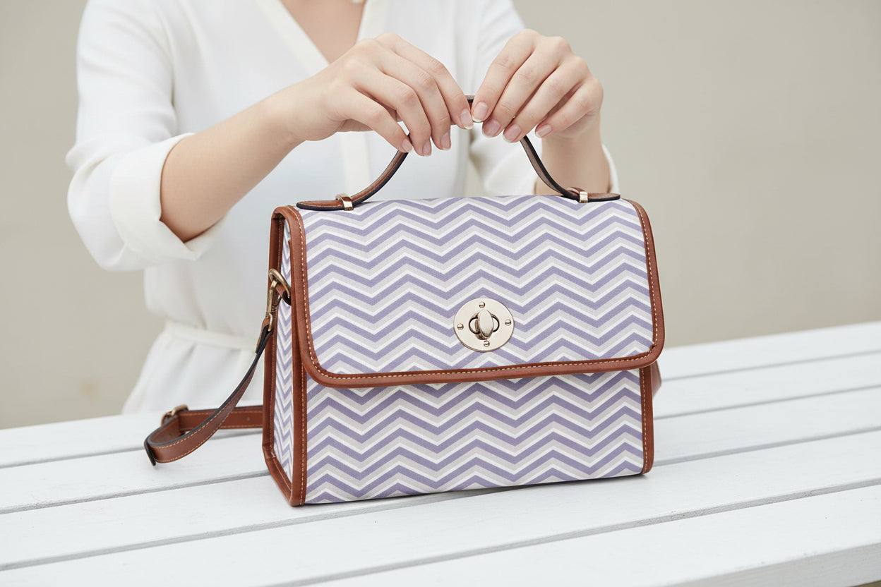 Waterproof Canvas Handbag with Brown Leather Trim | Vintage Pattern Shoulder Bag | Laptop iPad Bag