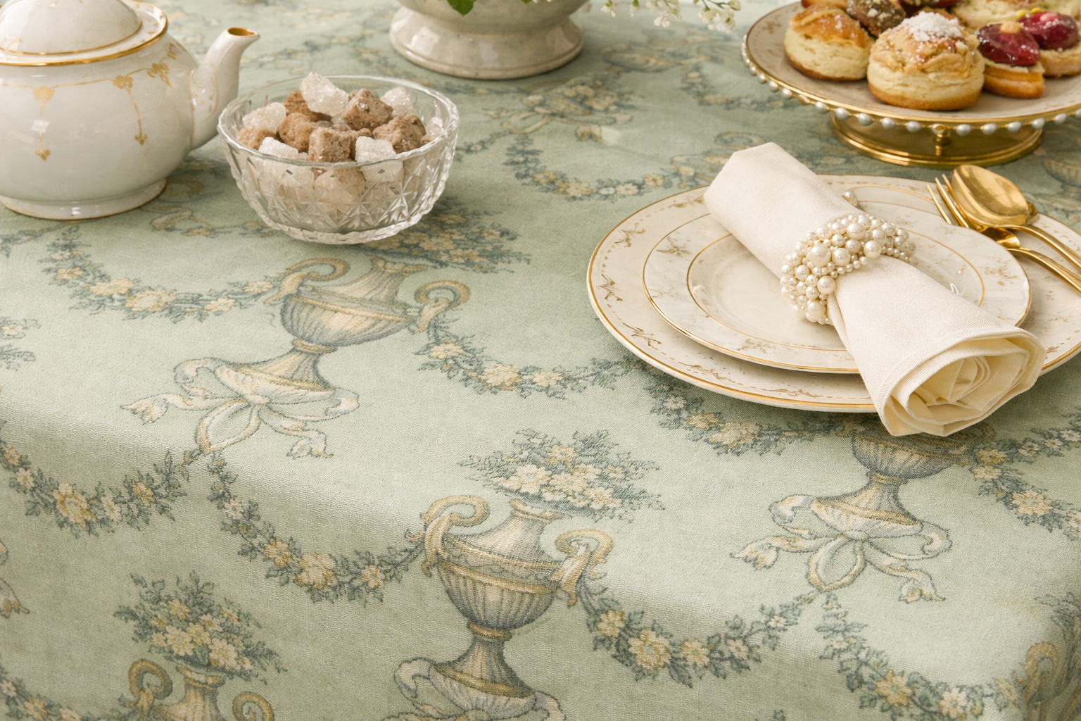 Sage Green Regency Toile Tablecloth 90 x 60, Tea Party Decor
