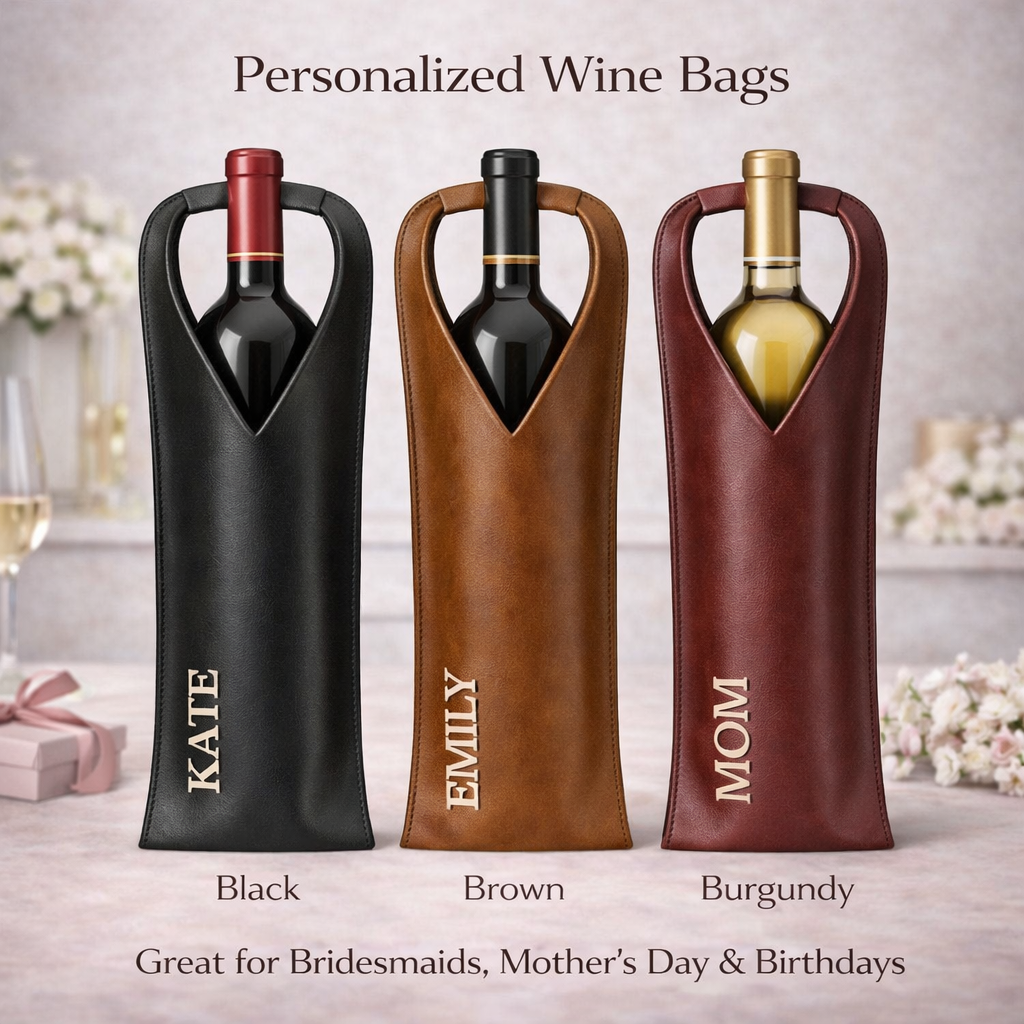 Personalized Leather Wine Bag | Bridesmaid Favors | Mother’s Day or Birthday Gift for Her
