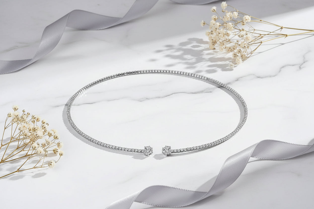 Moissanite Heart Tennis Necklace | 925 Sterling Silver Choker | Gift for Her