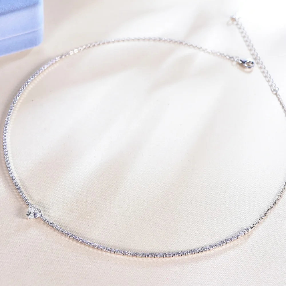 Moissanite Tennis Choker with Heart | White, Yellow or Rose Gold Plated | 925 Silver Adjustable Riviera Necklace
