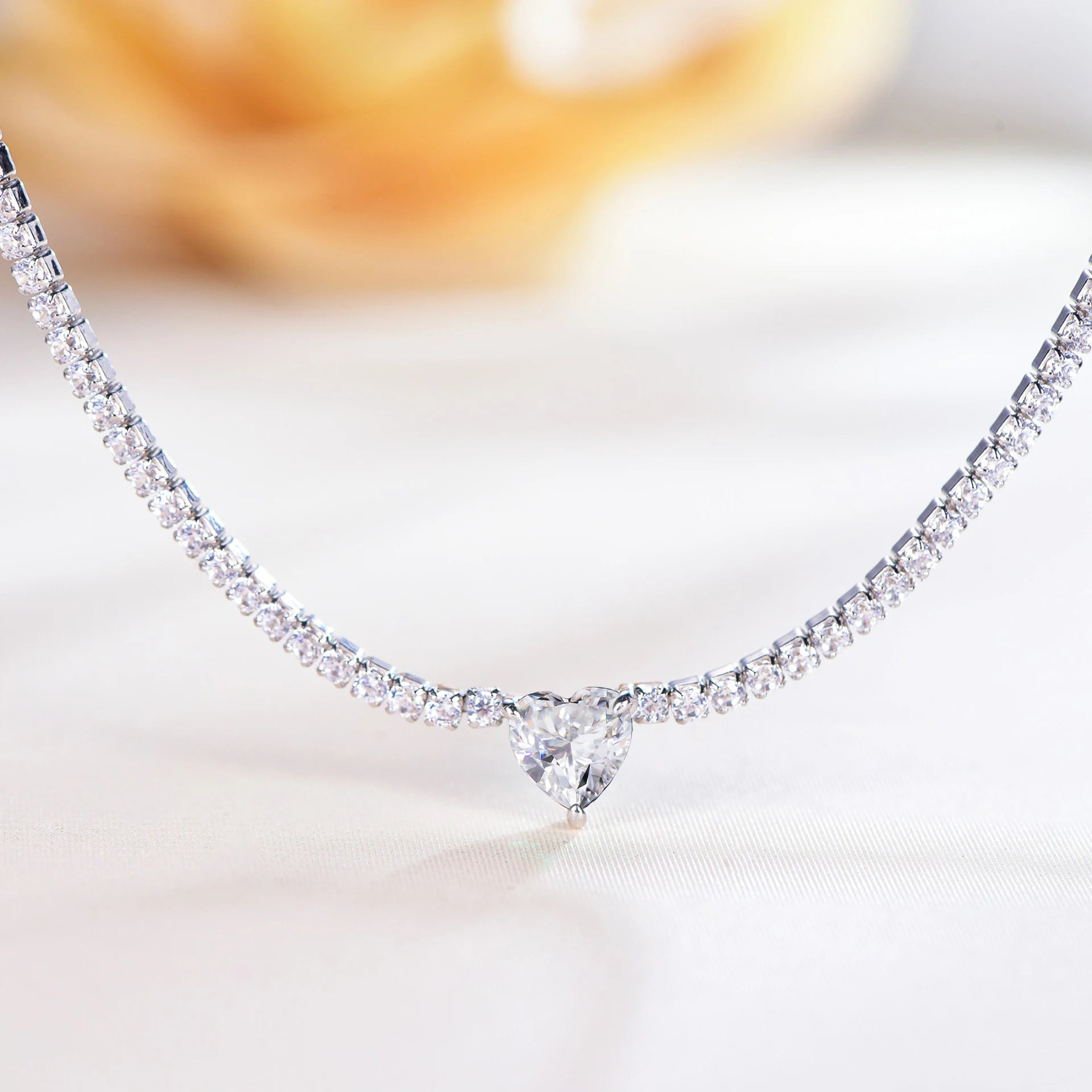 Moissanite Tennis Choker with Heart | White, Yellow or Rose Gold Plated | 925 Silver Adjustable Riviera Necklace