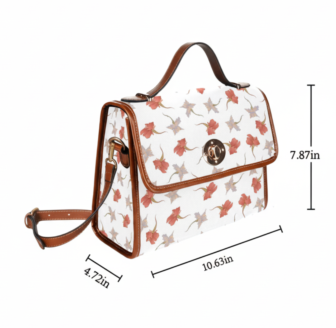 Waterproof Canvas Handbag with Brown Leather Trim | Vintage Pattern Shoulder Bag | Laptop iPad Bag