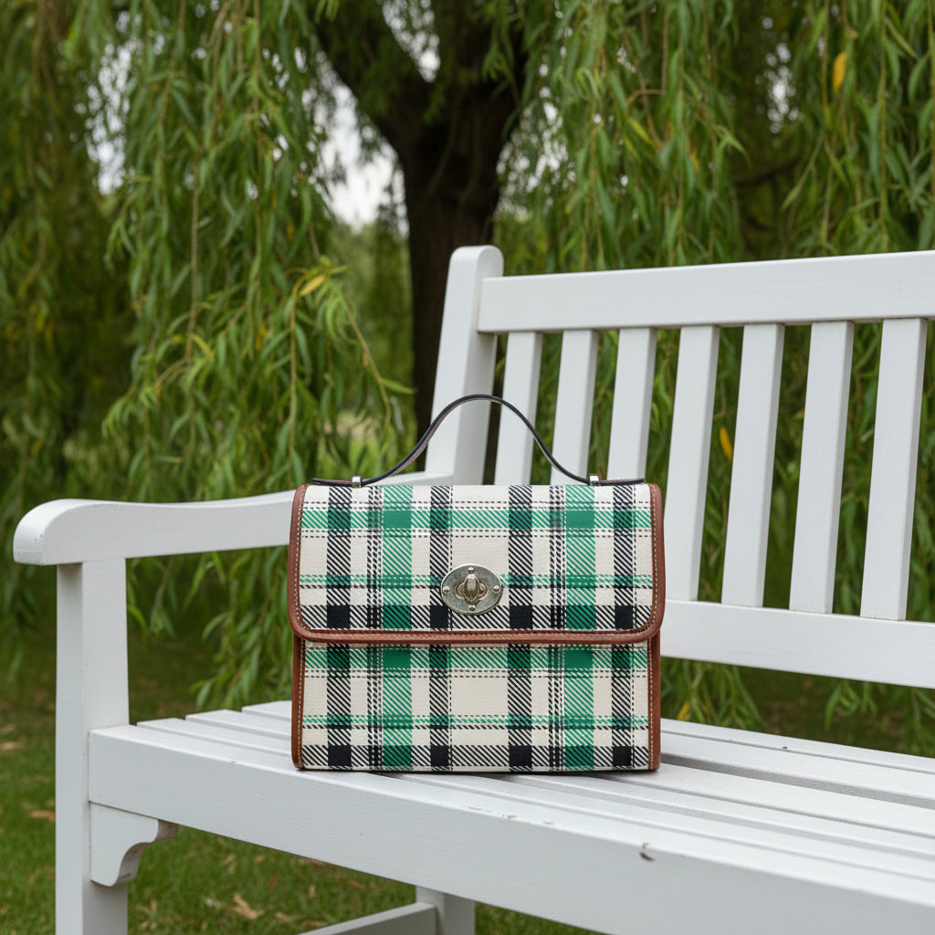 Waterproof Canvas Handbag with Brown Leather Trim | Vintage Pattern Shoulder Bag | Laptop iPad Bag