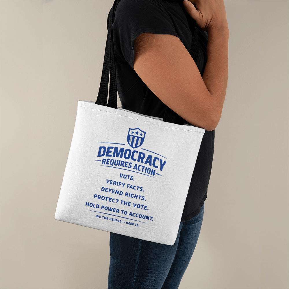 Democracy Requires Action Tote Bag | Patriotic Canvas Tote | Civic Engagement Gift | Protect the Vote Bag | Political Activism Market Tote