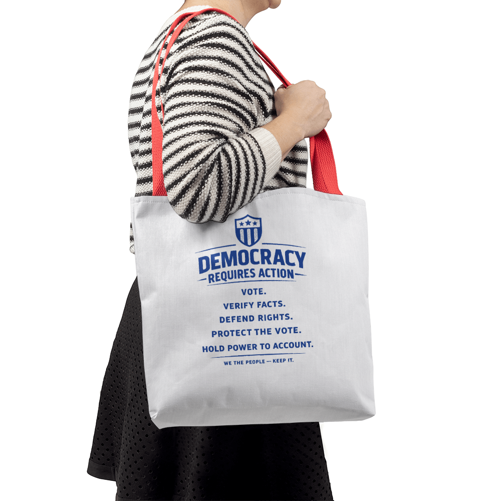 Democracy Requires Action Tote Bag | Patriotic Canvas Tote | Civic Engagement Gift | Protect the Vote Bag | Political Activism Market Tote