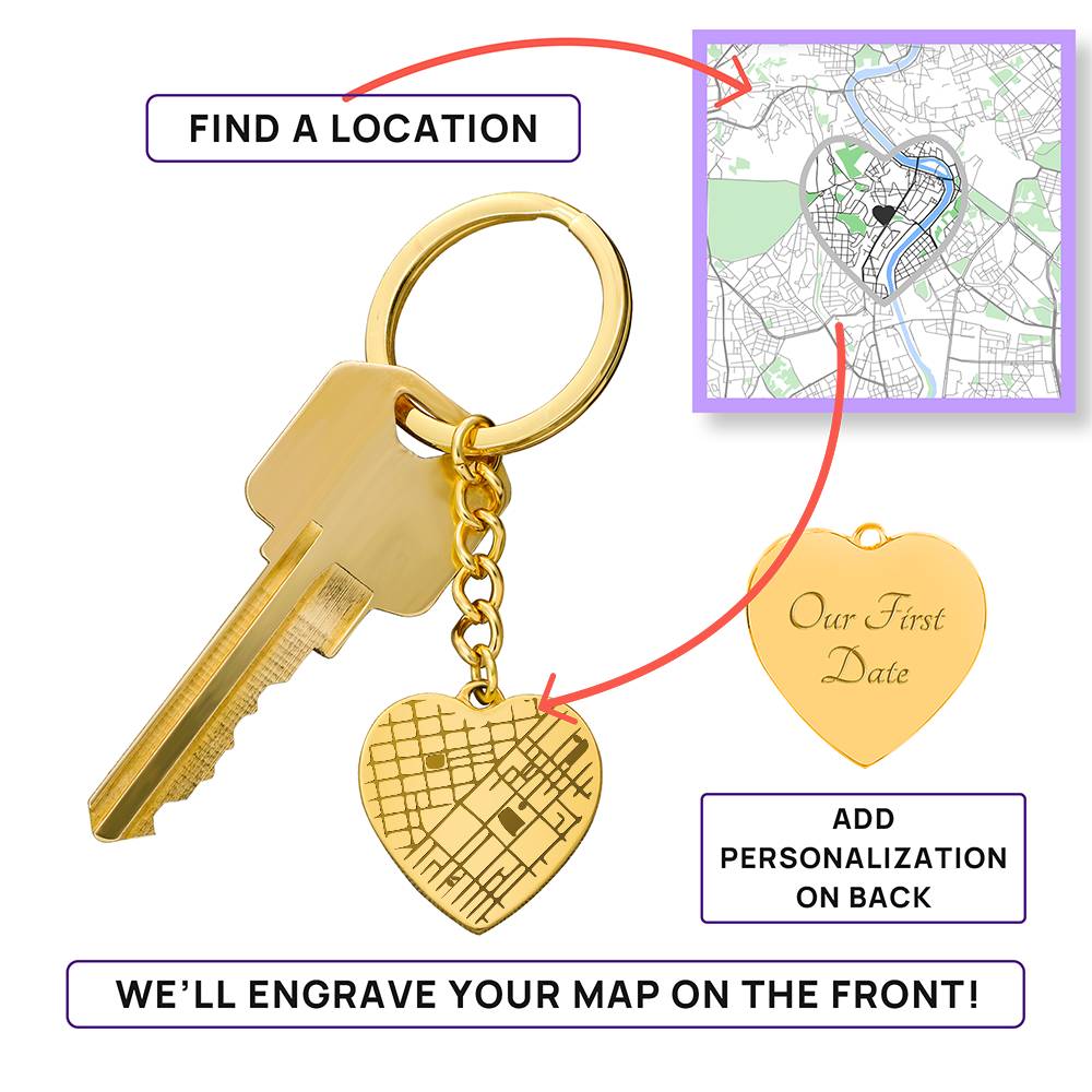 Personalized Engraved Heart Map Keychain | Wedding Gift