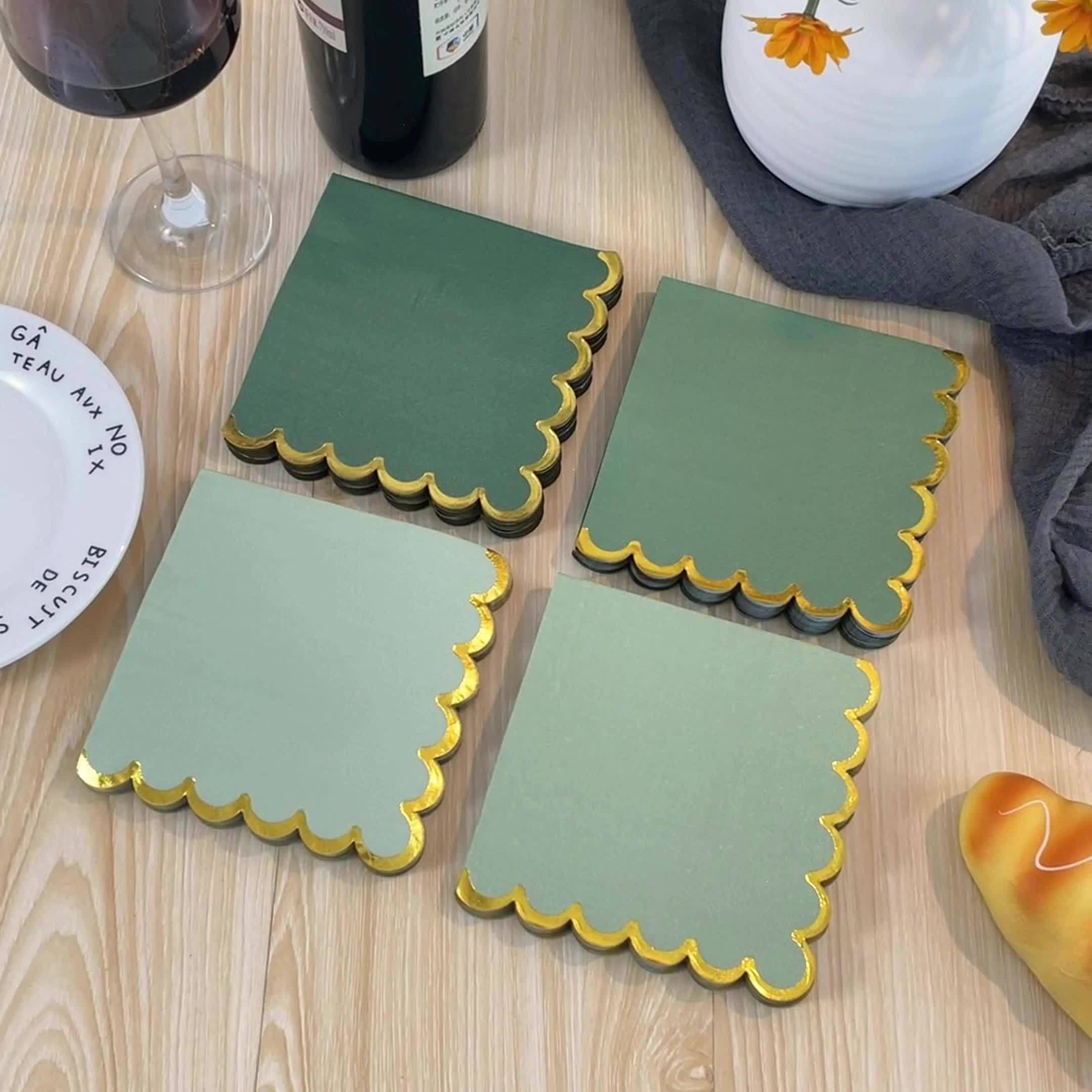 Luxe Scalloped Gold Napkins | 120 Green Wedding Cocktail Napkins | Garden Party Decor
