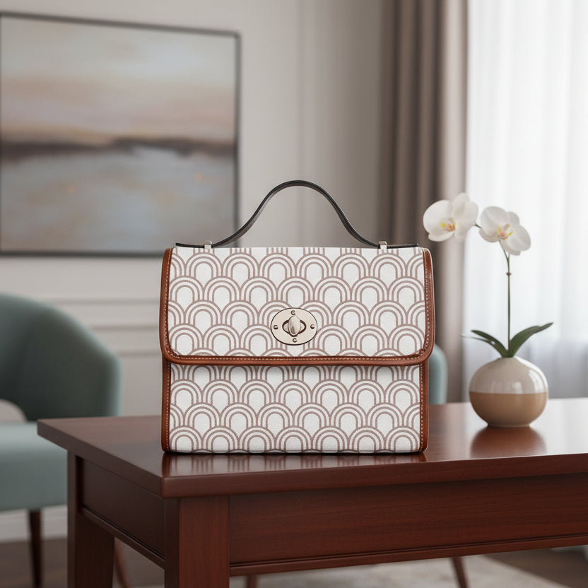 Waterproof Canvas Handbag with Brown Leather Trim | Vintage Pattern Shoulder Bag | Laptop iPad Bag