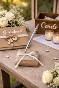 Rustic Wedding Guest Book Pen Set – Burlap Base with Silver Pen