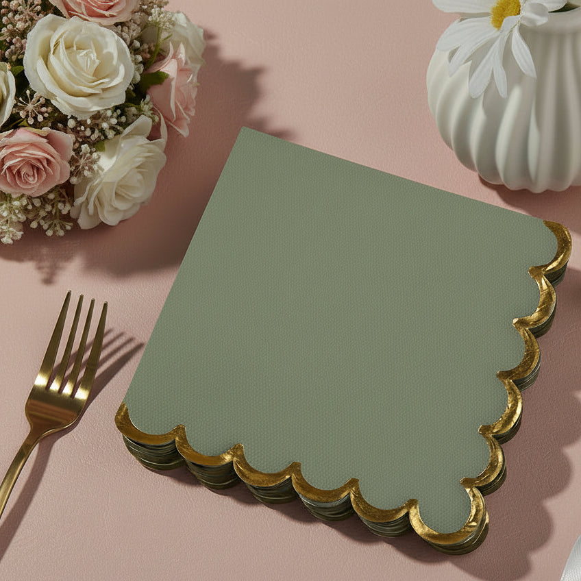 Luxe Scalloped Gold Napkins | 120 Green Wedding Cocktail Napkins | Garden Party Decor