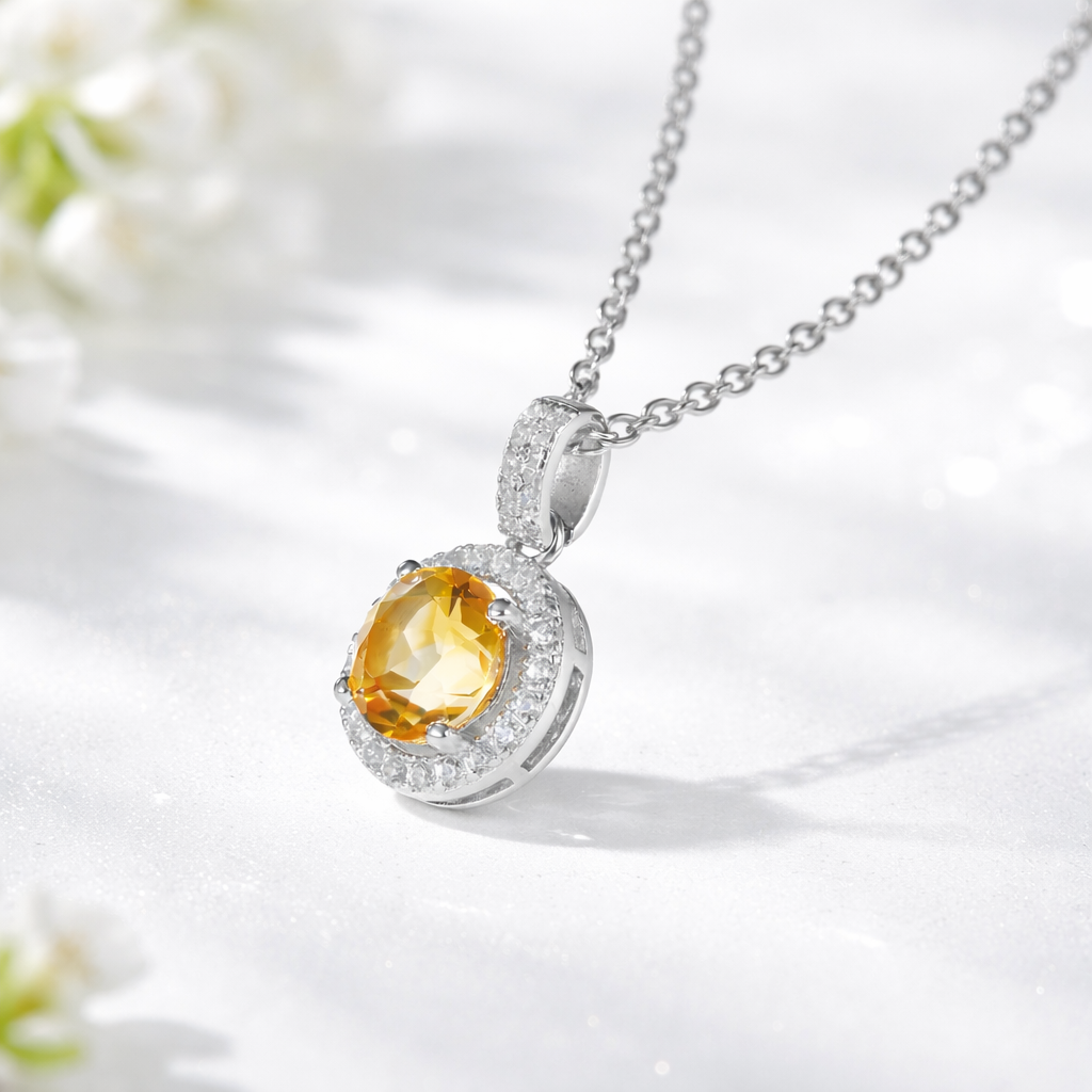 Natural Citrine Halo Pendant Necklace in 925 Sterling Silver – Yellow Gemstone Necklace, O-Chain, Gift for Her, November Birthstone Jewelry