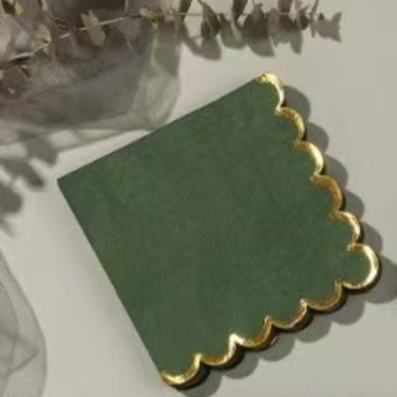 Luxe Scalloped Gold Napkins | 120 Green Wedding Cocktail Napkins | Garden Party Decor