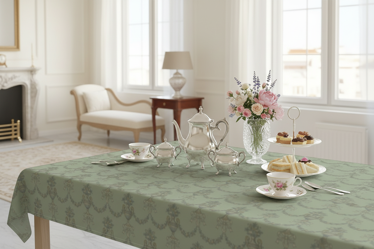 Sage Green Regency Toile Tablecloth 90 x 60, Tea Party Decor