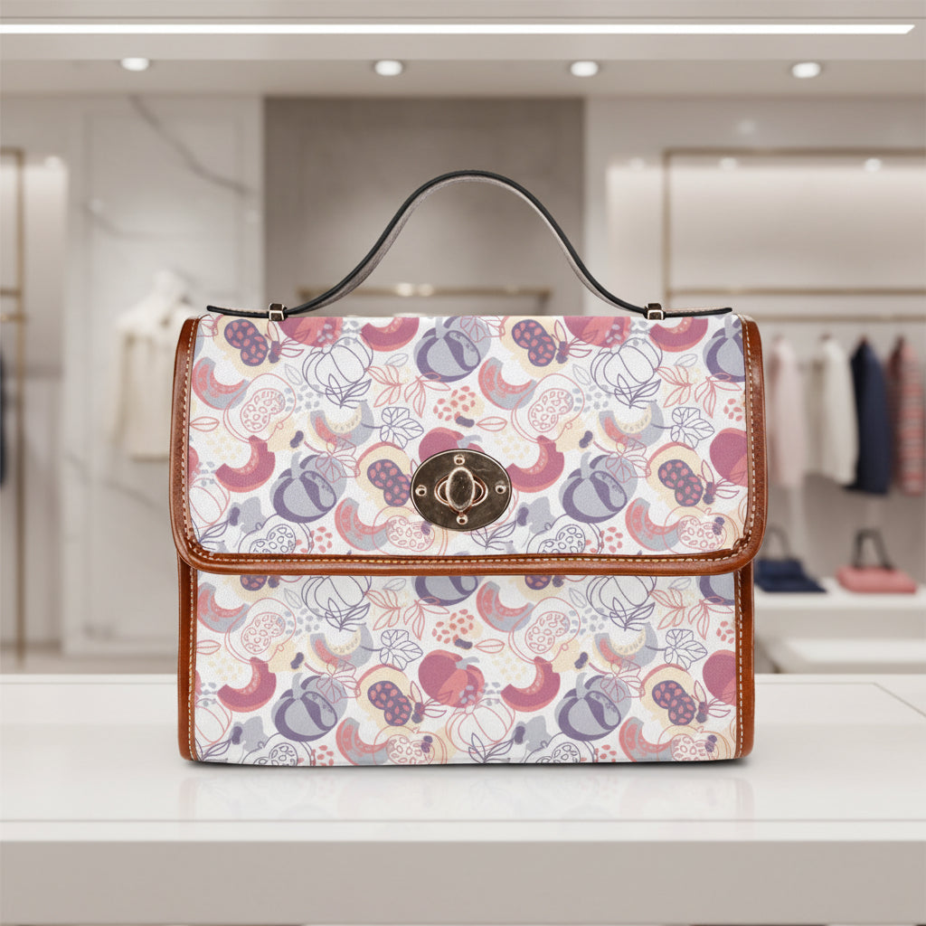 Waterproof Canvas Handbag with Brown Leather Trim | Vintage Pattern Shoulder Bag | Laptop iPad Bag