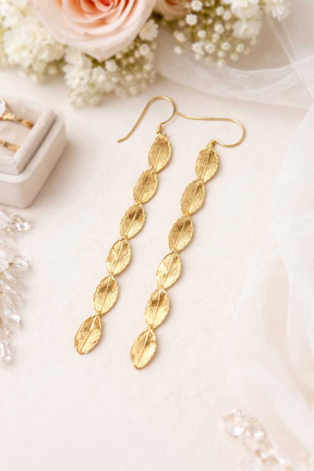 Rose Leaf Dangle Earrings – Gold Plated or Silver Plated | Bridal Jewelry
