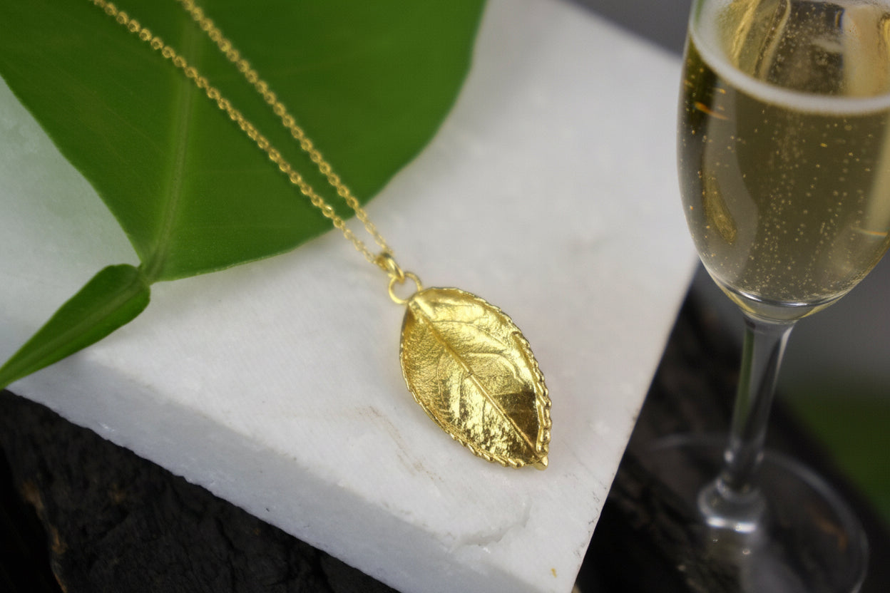 Rose Leaf Pendant Necklace: Eco-Friendly Gold Filled Brass - Handmade